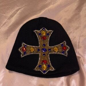 Black Beanie with Embellished Cross Design